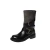 Botas estilo Martin de parche de gamuza y piel color block a media pantorrilla 2026 tacón grueso tacón medio punta redonda con correa de hebilla para mujer