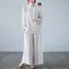 Venta Directa de Fábrica Conjunto de Ropa de Yoga de Manga Larga, Nuevo Estilo Chino para Primavera y Otoño Top Abotonado, Pantalones de Pierna Ancha, Ropa Zen para Té para Mujeres
