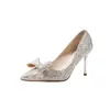 Zapatos de boda talla grande para mujer, zapatos de novia, vestido Xiuhe, bailarinas para damas de honor, tacones de aguja altos con lentejuelas y lazo estilo francés