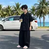 Conjunto de Duas Peças para Meninos Verão Algodão Linho Manga Curta Calça Wide Leg Roupa Infantil Solta Estilo Coreano Conjunto Fino para Crianças Médias e Grandes