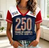 Fabricante Direto Roupas Femininas Transfronteiriças EUA 250ª Camiseta com Estampa Digital Decote V Dia da Independência Estrelas e Águias