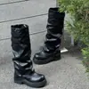 Botas de jinete, botas de plataforma, punta ancha, hebilla de cinturón, botas altas con pliegues en la rodilla, adelgazantes, de suela gruesa, negras, versátiles, pantalones metidos