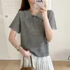 Camiseta Elegante Feminina de Malha de Seda Gelada Cinza Fina de Manga Curta para o Verão, Nova Blusa Solta 2026