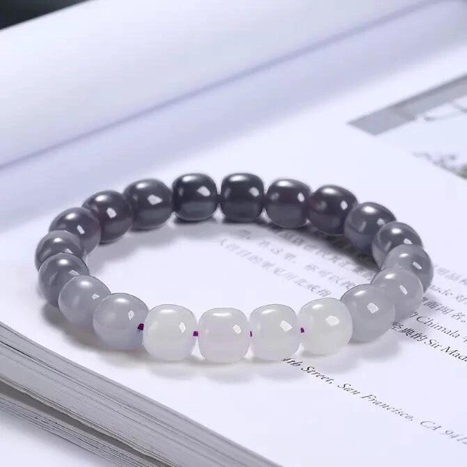 智贝详情图_1和田玉手串烟紫烟灰老型珠紫罗蓝渐变色手链男女款