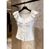 Blusa feminina chique de alta qualidade estilo coreano com babados e mangas curtas, novo modelo de verão 2026, emagrecedora e que rejuvenesce