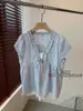Top de Verão com Patchwork de Renda Falso Duas Peças Manga Curta Decote V Babado Design de Cadarço 12774