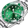Reloj de Pulsera de Cuarzo Estilo Buceo Verde de Lujo, Brazalete de Acero Inoxidable, Calendario