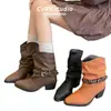 Botines retro de punta, plisados, para mujer, nueva colección otoño/invierno, con hebilla de cinturón, estilo vaquero occidental, tacón grueso, botas de montar
