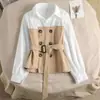 Camisa Feminina 2024 Coreana Nova Outono Falso Duas Peças Top Costura Solta Gola POLO Camisa com Alça Estilosa
