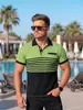Nueva camiseta polo casual para hombre de Amazon con bolsillo en el pecho, cuello en V, rayas abotonadas y color block, camiseta versátil