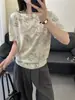 Camiseta de punto de lino de bambú de alta gama estilo francés de manga corta para mujer, Verano 2026, Delgada y transpirable, Cuello redondo, Estampada, Top holgado de manga media