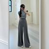 Outono e Primavera de 2026 Nova Coleção Chic Coreana Cinza Conjunto Calça Clássica Retrô de Cintura Alta Wide-Leg Flare Comprimento Total