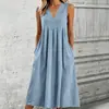 Vestido largo casual de verano para mujer, transfronterizo europeo y americano, de color liso, suelto, con bolsillos, escote en V, sin mangas, de longitud media