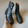 Botines retro de tacón alto para mujer con punta cuadrada, botines elásticos únicos para otoño e invierno, botas estilo Martin con tacón grueso, piel suave desgastada con cremallera trasera, corte ajustado