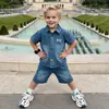 Conjunto de Verano para Niños Bost con Letras en Mezclilla, Atuendo de Dos Piezas de Manga Corta Moderno y Elegante para Niños, Comercio Exterior Transfronterizo