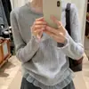 Camiseta base de lana para mujer con cuello redondo, jersey de punto de manga larga, diseño con ribete de encaje, top ajustado