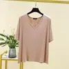 Camiseta Base de Modal con Cuello en V y Mangas Medias para Mujer Verano Talla Grande Color Sólido Camiseta Fina Holgada Casual Ajuste Delgado Superior