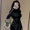 Vestido de Color Sólido con Cuello Semi-Alto y Lazos Cruzados para Mujer, Estilo Urbano de Primavera y Otoño, Moda Transfronteriza, Mini Falda Bodycon Ceñida a la Cintura para Vacaciones