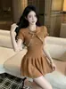 Vestido de punto pequeño estilo Chanel con cuello en V y cinturón para mujer, verano, petite, lazo, elegante, ajustado, falda corta