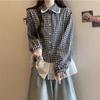 Camisa de Franela a Cuadros Estilo Coreano 2026 Nueva Dulce con Adorno de Encaje en Capas Cuello de Muñeca para Mujer Top de Moda