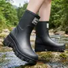 Botas de Lluvia de Media Pantorrilla para Mujer a la Moda, Zapatos de Agua Resistentes al Desgaste, Antideslizantes, Impermeables, Botas de Lluvia con Forro de Terciopelo Cálido, Zapatos de Goma para Cocina, Calzado de Exterior, Estilo Nuevo