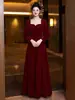Vestido de Noche de Novia y Compromiso de Terciopelo Estilo Francés con Mangas Largas y Escote Cuadrado Vestido Largo de Gama Alta Vestido Línea A para Mujer