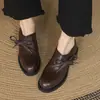 Mocasines de Cuero Suave con Tacón Grueso y Lazo Vintage para Mujer 2025 Nuevos Zapatos de una Sola Capa Elegantes Marrones para Primavera y Otoño Zapatos Pequeños de Cuero Versátiles