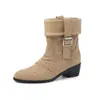 Botas Western de Camurça de Vaca Estilo Melanoid Preguiçoso 2026 Salto Médio Robusto Bico Redondo Fivela Plissado Couro Genuíno Botas de Cano Curto 41