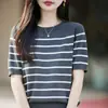 Suéter de punto de algodón de manga corta a rayas retro francés con cuello redondo, adelgazante, agradable para la piel, camiseta top