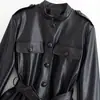 Venta al por mayor transfronteriza 2026 Chaqueta casual de moda europea y americana con bolsillos y cinturón, chaqueta ajusta-cintura de cuero PU para mujer A712258
