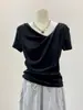 Blusa Base de Alta Qualidade para o Verão, Rejuvenescedora, Gola Plissada Irregular, Manga Curta Ombro a Ombro, Moda de Nicho Versátil