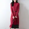 Vestido de Tricô Feminino 2026 Outono/Inverno Novo Lã Pura Gola Redonda Meia-Alta Manga Longa Vazado Torcido Comprimento Médio