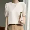 Top de punto de seda helada hueco con cuello redondo de manga corta para mujer, estilo casual para primavera y verano, corte holgado, versátil, transpirable y adecuado como capa base
