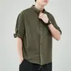 Nova Camisa de Algodão e Linho Estilo Chinês Sete-Mangas Camisa Masculina de Manga Curta Roupa Masculina Solta Jaqueta Casual Masculina Top
