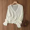 Zhengqite Roupa/Confortável Lyocell Linho Renda Decote V Vazado Manga Longa Tricô Fino Cardigã Camisa de Ar Condicionado
