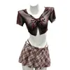 Falda plisada JK a cuadros de café sexy, estilo puro deseo, cuello camisero, mangas cortas transparentes, tirantes volantes, atuendo de compañera de escuela