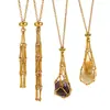 Joyería de Acero Inoxidable Sentido Avanzado Nicho Bolsillo de Malla de Cristal Natural Collar de Bambú Cadena Ajustable Tejida Bolsillo de Malla