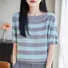 Camiseta Feminina Tencel Oca Gola Redonda Manga Curta Textura Fresca Respirável Primavera Verão Versátil para o Dia a Dia Temperamento Camada Base Atacado