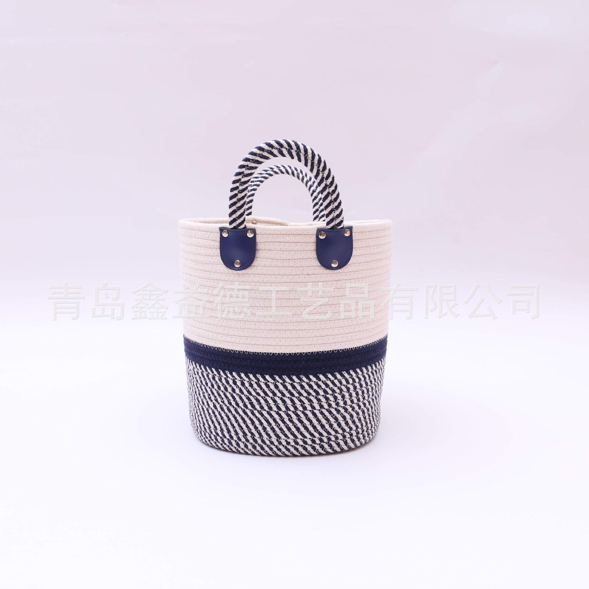 厂家定制批发蓝白条纹色棉绳收纳篮筐 (3)