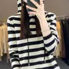 Ropa interior otoño e invierno reducción de edad tejido con capucha transfronterizo casual estilo coreano suéter a rayas mujer holgado nuevo sudadera capa base