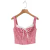 Top Dulce con Lazos y Cordones, Tirantes de Cuadros, Falda Abullonada de Tul Plisado, Minifalda de Cintura Baja