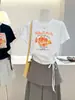 Camiseta de Manga Corta con Estampado de Calabaza Estilo Perezoso para Mujer Diseño de Verano 2026 Estilo Casual Top Delgado con Cordón para Mujer