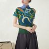 Miyake Elegante Cuello Alto Graffiti Ropa de Trabajo Camiseta Plegada de Maíz Aspecto Adelgazante Top de Manga Corta para Mujer Una Pieza Envío Directo
