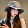 Chapéu de pescador de brim de urso feminino primavera e verão novo estilo japonês all-match grande cabeça guarda-sol protetor solar pote chapéu vintage rosto brilhante