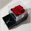 Caixa de Joias com Flor Real Rosa Imortal e Luz, Gaveta Dupla de Acrílico para Anel, Colar, Caixa de Presente