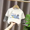 Camiseta Manga Longa Infantil para Meninos Estilo Casual Desenho Animado Bebês Meninos Primavera e Outono Gola Redonda Falsa Duas Peças Top Solto Algodão Puro