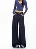 Calça jeans feminina azul denim de perna larga, nova coleção outono 2026, cintura alta, corte solto, cobre os quadris, efeito emagrecedor, calça comprida, A14237