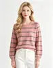 Suéter de punto a rayas con bloques de color estilo europeo y americano para mujer, cuello redondo, patrón jacquard, corte holgado, efecto adelgazante, elegante jersey de manga larga