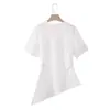 Camiseta de encaje asimétrica de manga corta con cuello redondo de verano para mujer estilo europeo y americano 7057