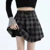 Saia Plissada Xadrez Estilo College Feminina Nova Outono e Inverno Elegante Cintura Alta Saia Evasê Cobre o Quadril Slim Saia Retro